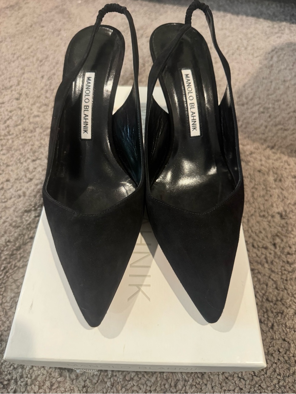 Manolo Blahnik Black Suede Pointed Slingback Pumps